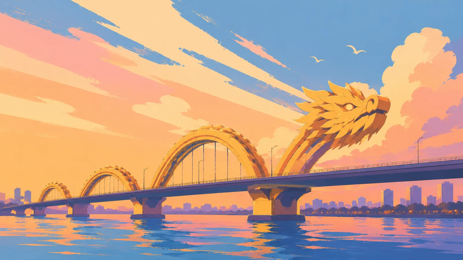 Illustration of Da Nang's golden Dragon Bridge over the Han River at sunset