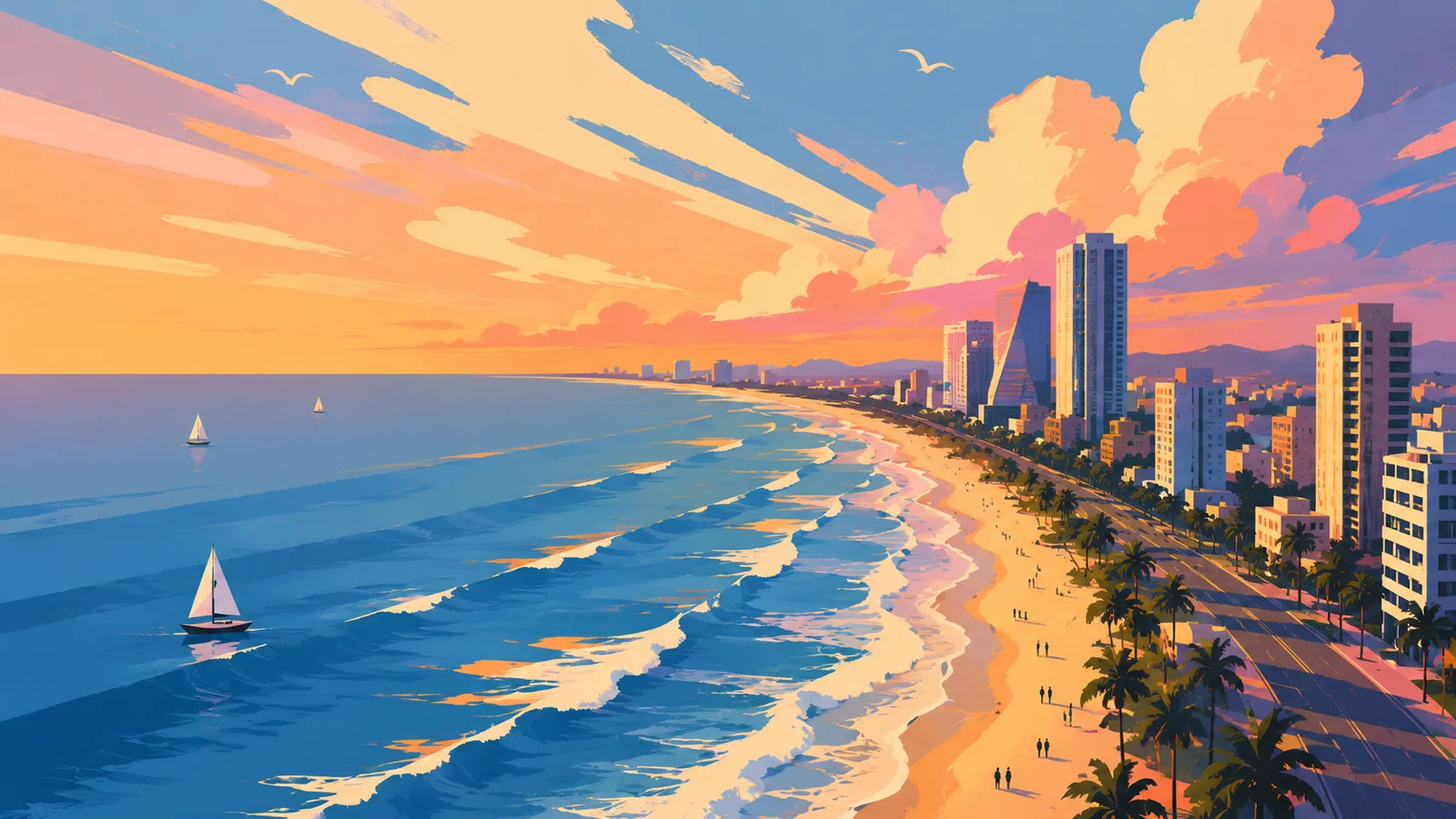 Illustration of a Vietnam beach city at sunset — waves, palm-lined boulevard, and skyline